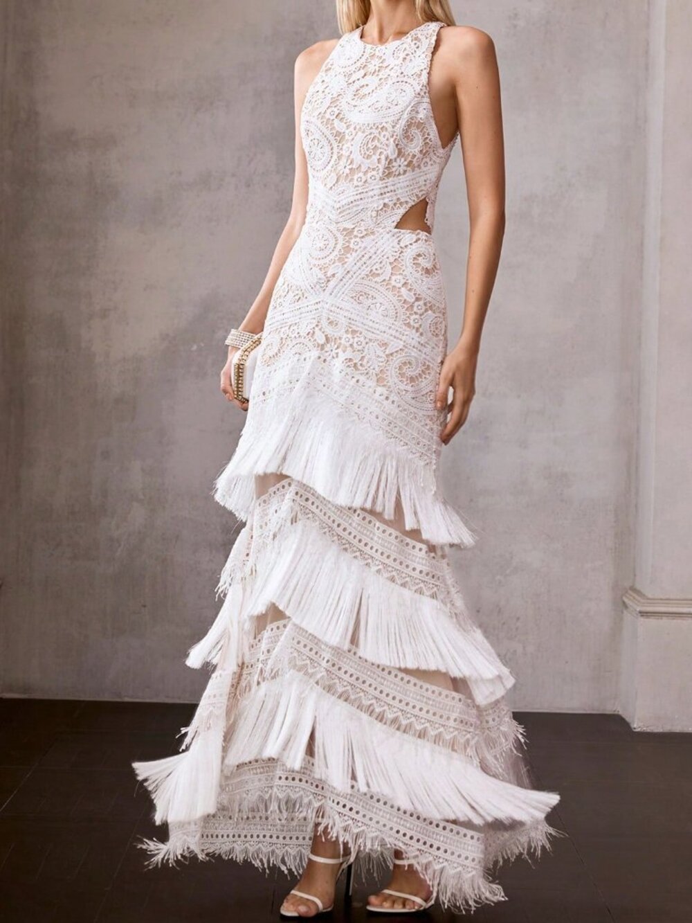 White Sexy Women's Lace Patchwork Tassel Party Dress